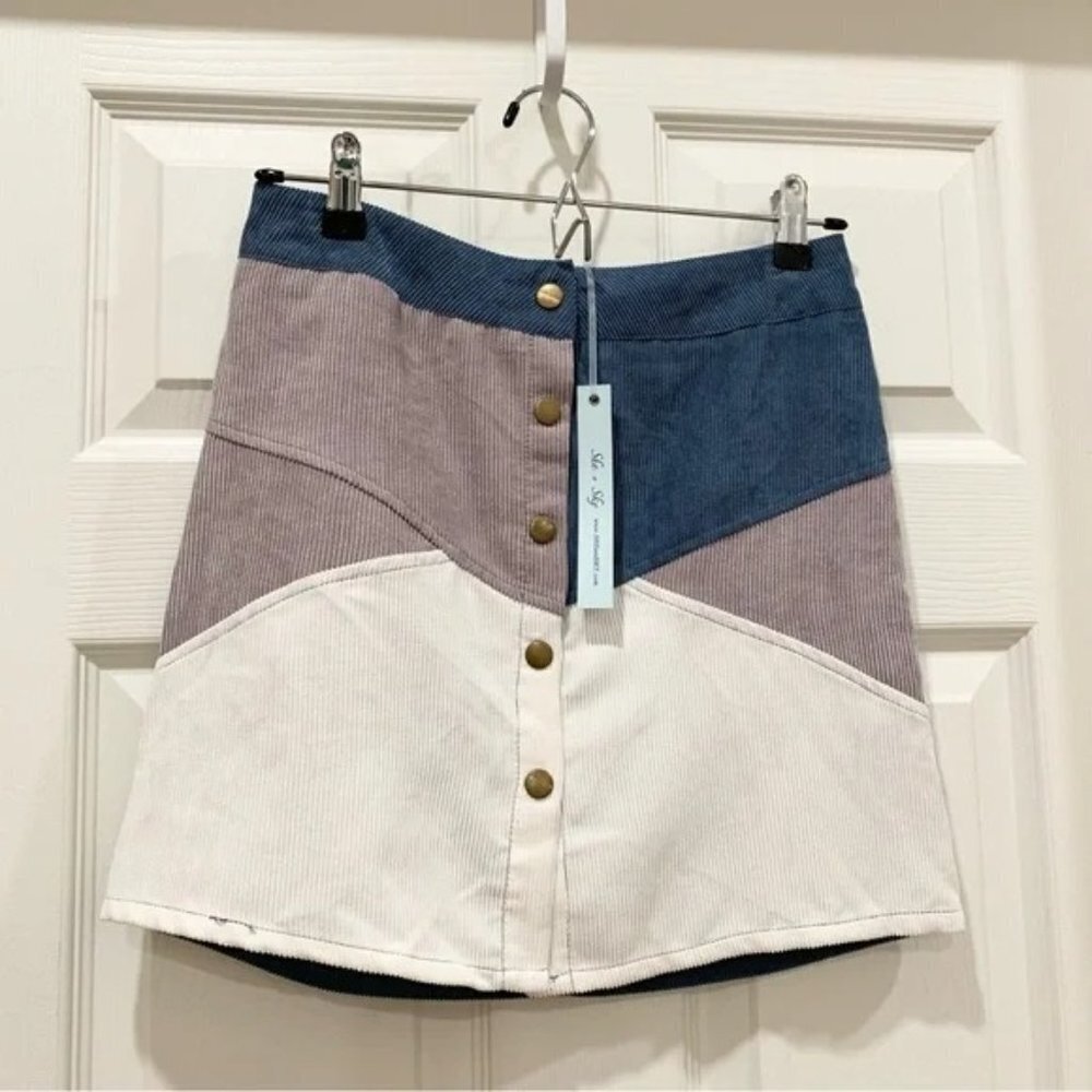 Blue Colorblock Patchwork Button-Up Corduroy Mini… - image 1